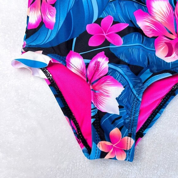 Hurley One Piece Swimsuit | Baby Girls | 12 Months | Tropical Floral | Pink Blue - Picture 4 of 9